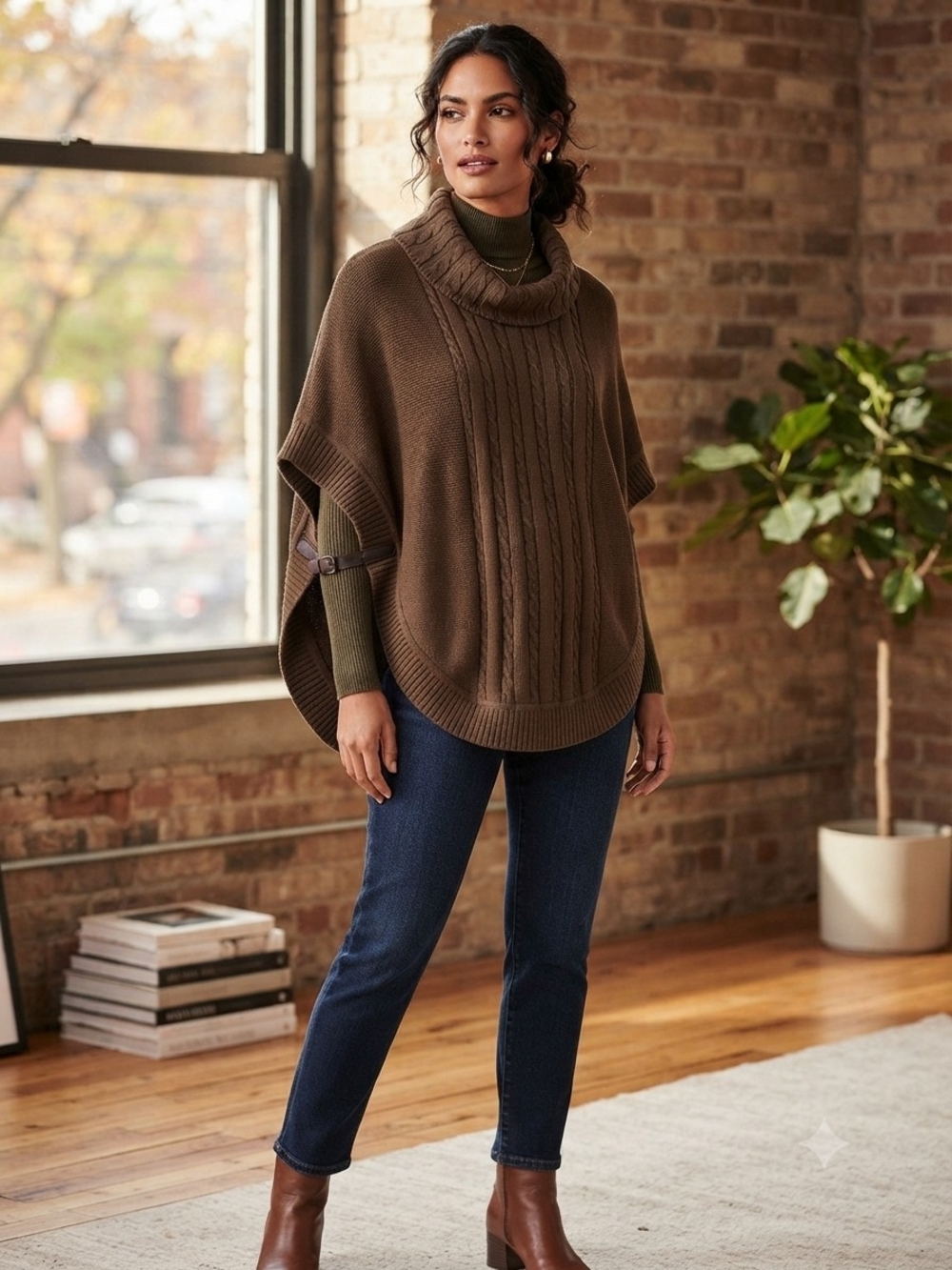 Talbots Brown Cable-Knit Turtleneck Poncho Size M